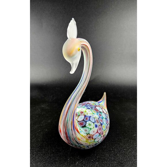 Murano Fratelli Toso Millefiori Art Glass Swan w/Multicolor Floral Pattern & Fro - Picture 3 of 10